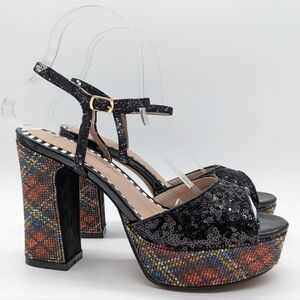 NIB Betsey Johnson Alaia black plaid rhinestone strappy platform heel 8.5